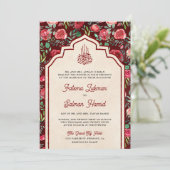 Vintage Maroon-Rote Rosen Blumenmuskelhochzeit Einladung (Stehend Vorderseite)