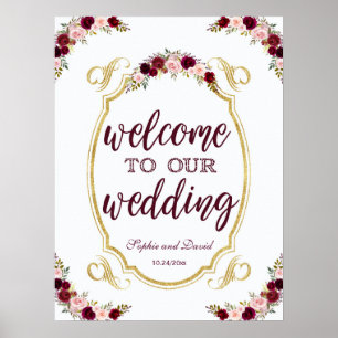 Vintage Marsala Floral Herzlich willkommen auf uns Poster