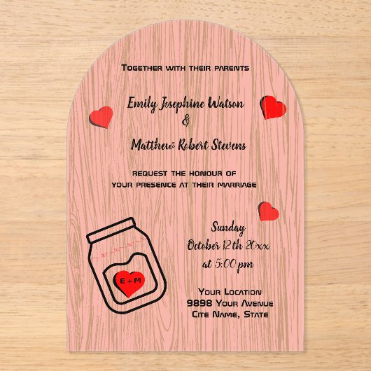 Vintage mason jar wood grain theme wedding acryleinladungen (Vorderseite)