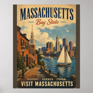 Vintage Massachusetts Bay State Reiseposter mit Poster