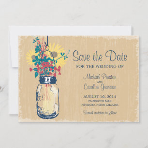 Vintage-Mauerblumenvase und Wildblumen-Hochzeit Save The Date