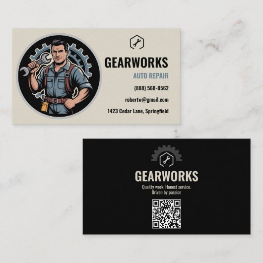 Vintage-Mechaniker-Maskottchen QR-Code Autoreparat Visitenkarte (Vorne/Hinten)