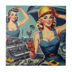 Vintage Mechaniker Pin Up Fliese