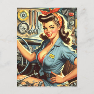Vintage Mechaniker Pin Up Postkarte
