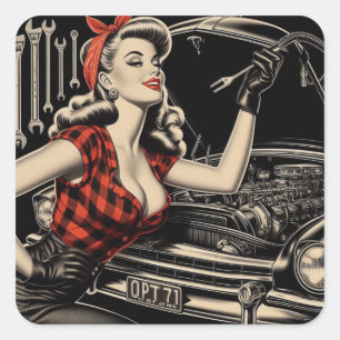 Vintage Mechaniker Pin Up Quadratischer Aufkleber