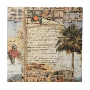 Vintage mediterrane Artwork mit Palm und Script Fliese