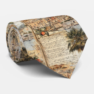 Vintage mediterrane Artwork mit Palm und Script Krawatte