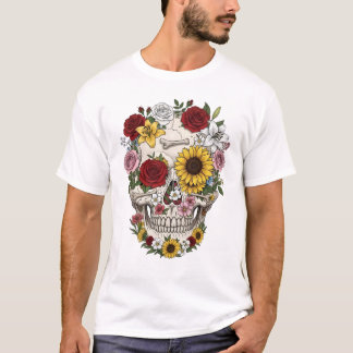 Vintage medizinische Anatomie Schädel-Blume T-Shirt