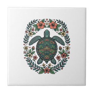Vintage-Meeres-Schildkröten-Blumen-Vektor-Design_1 Fliese