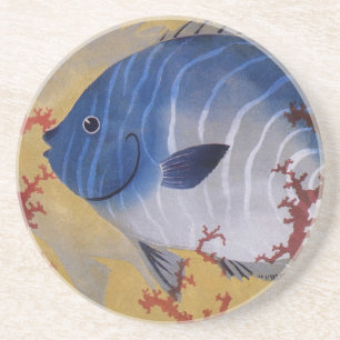 Vintage Meeresleben Tropischer Blauer Fisch Korall Sandstein Untersetzer