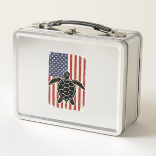 Vintage Meeresschildkröte Amerikanische Flagge Pat Metall Brotdose