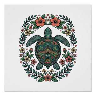 Vintage Meeresschildkröte Floral Vektor Design_1 Poster