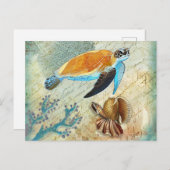 Vintage Meeresschildkröte mit Seashells Postkarte (Vorne/Hinten)