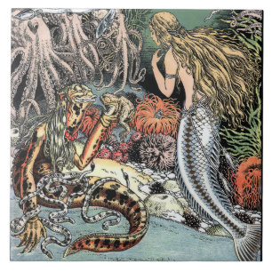Vintage Meerjungfrau & Kraken Fliese