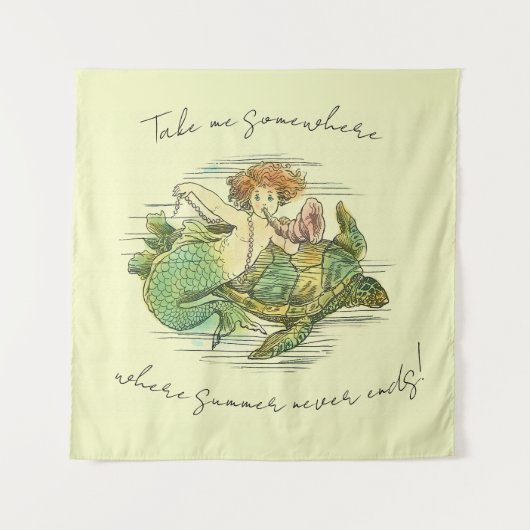 Vintage Meerjungfrau Schwimmen mit Meeresschildkrö Wandteppich (Vorderseite)