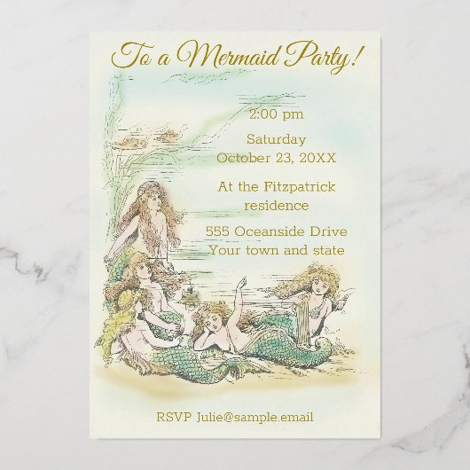 Vintage Meerjungfrauen unter dem Party Folieneinladung (Rückseite)
