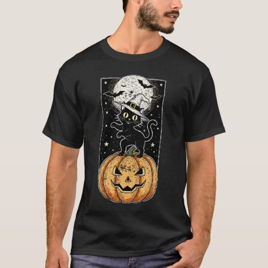 Vintage Meowloween Cat and Pumpkin T-Shirt – Retro (Vorderseite)