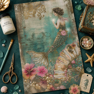 Vintage Mermaid Ephemera Decoupage in Green, Gold Seidenpapier