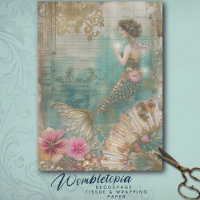 Vintage Mermaid Ephemera Decoupage in Green, Gold