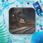 Vintage Merry Christmas Train In Snow Pappteller (Party)