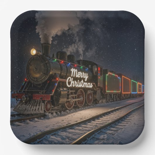 Vintage Merry Christmas Train In Snow Pappteller (Vorderseite)