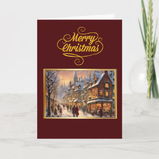 Vintage Merry Christmas with Snowy Town Card Karte