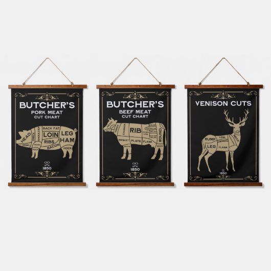 Vintage Metzger Set Fleisch schneiden Wandteppich Mit Holzrahmen (Dreifach)