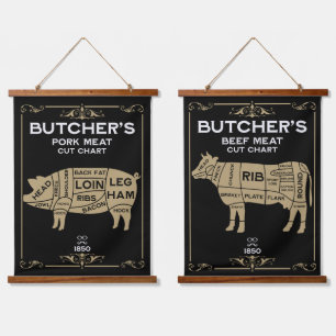 Vintage Metzger Set Fleisch schneiden Wandteppich Mit Holzrahmen