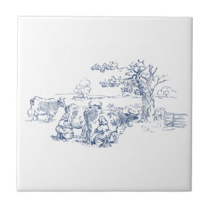 Vintage Milchmädchen Milchkühe Delft Blau Weiß Fliese