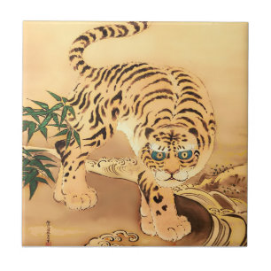 Vintage-Minhwa-Tiger an einem Bach Fliese