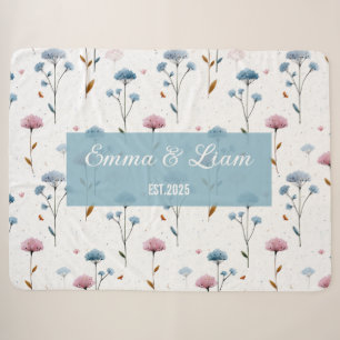 Vintage Minimal Blau und Rosa Floral Personalisier Sherpadecke