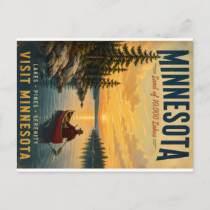 Vintage-Minnesota-Reiseposter mit Kanufahrer auf S Feiertagspostkarte