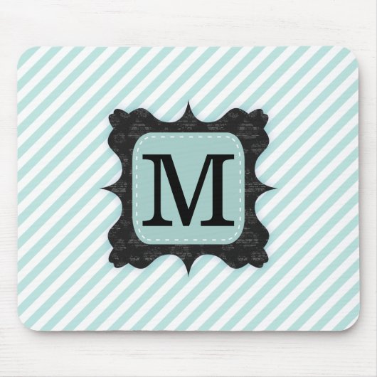 Vintage Mint Green Stripes Pattern Black Monogram Mousepad (Vorne)