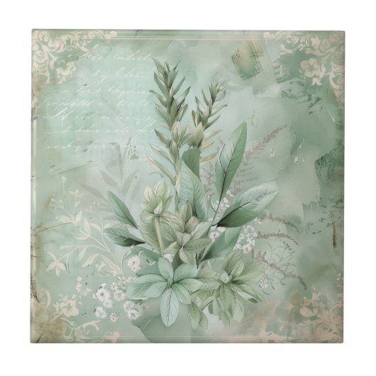 Vintage-Mintgrün Botanisch Floral (1) Fliese (Vorderseite)