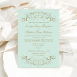 Vintage Minze und antikes Gold Blüh Hochzeit Einladung<br><div class="desc">Dekorative Wirbel und Schnörkel umrahmen dieses Vintage,  inspirierte Hochzeitsdesign. Hellpastellfarbene Minze blau grün und antike goldene Farbe. Personalisieren Sie den benutzerdefinierten Text für Ihre Ehezeremonie und Ihren Empfang.</div>