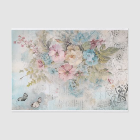 Vintage Mischmedien Blau, Rosa, Weiße Blume Seidenpapier (Vorderseite)