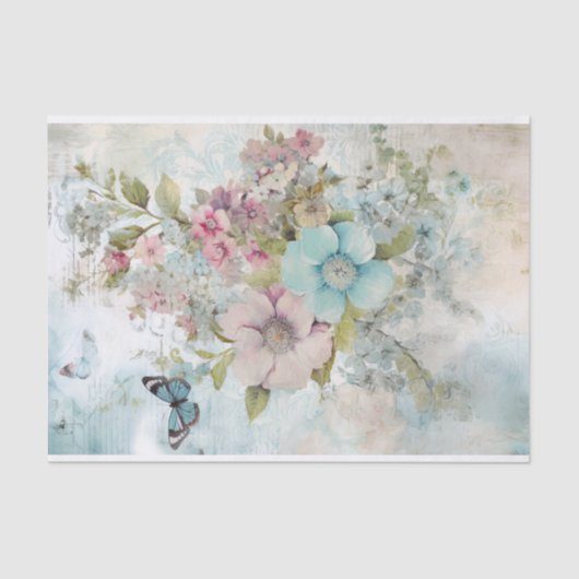 Vintage Mischmedien Blau, Rosa, Weiße Blume Seidenpapier (Vorderseite)