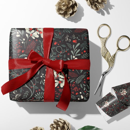 Vintage Missletoe, Holly Leaves, Red Berries Geschenkpapier Set