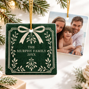 Vintage Mistletoe-Band-Schleife Dunkelgrün Familie Keramikornament