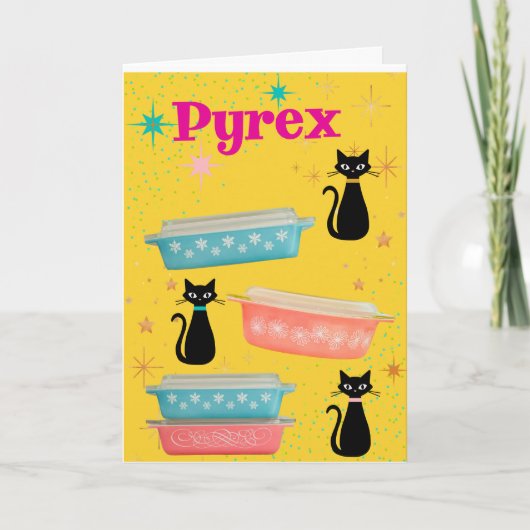 Vintage Mod-Katzen und Retro-Pyrex Karte (Vorderseite)