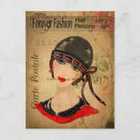 Vintage Mode Frau mit Hut Blumen französisch 1920e