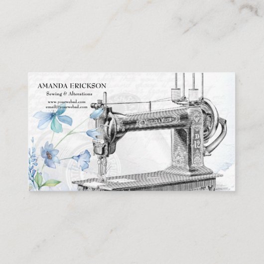 Vintage Mode-Handwerkskunst Girly Floral Nähmaschi Visitenkarte (Rückseite)