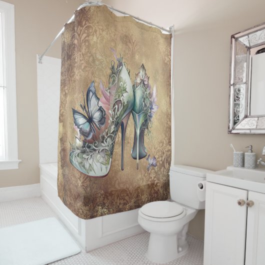Vintage Mode-High Heels mit Blumenschmetterling Duschvorhang (Beispiel)