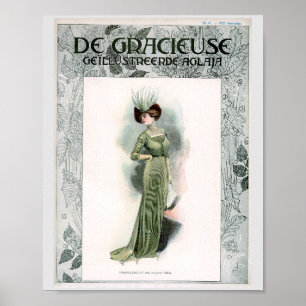 Vintage Mode Illustration Elite Lady Green Gown Poster