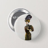 Vintage Mode Illustration Lady Feather Boa Hat Button (Vorne & Hinten)