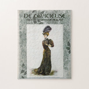 Vintage Mode Illustration Lady Feather Boa Hat Puzzle