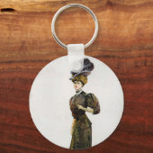 Vintage Mode Illustration Lady Feather Boa Hat Schlüsselanhänger (Rückseite)