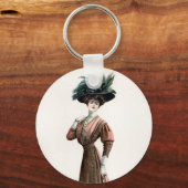 Vintage Mode Illustration Lady Feather Hat Schlüsselanhänger (Rückseite)