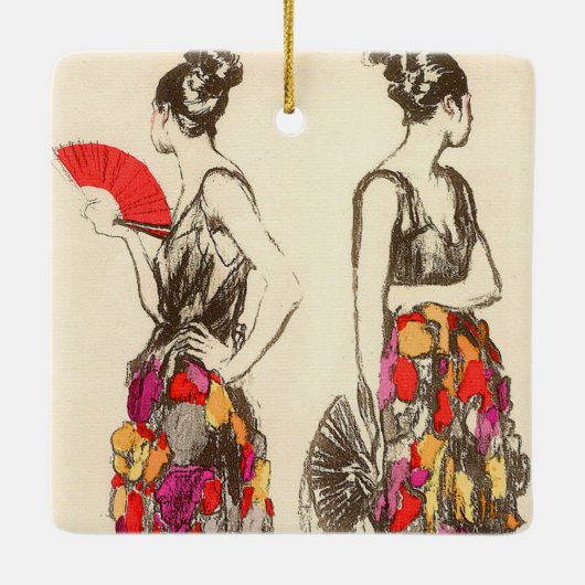 Vintage Modefrauen mit Frühlingskleidern Keramikornament (Rückseite)