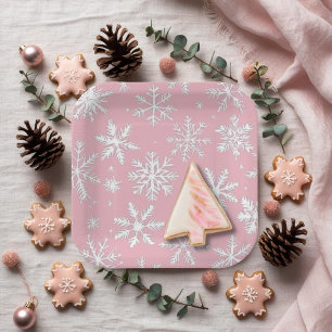 Vintage Modern Rosa Schneeflocken Muster Quadrat Pappteller